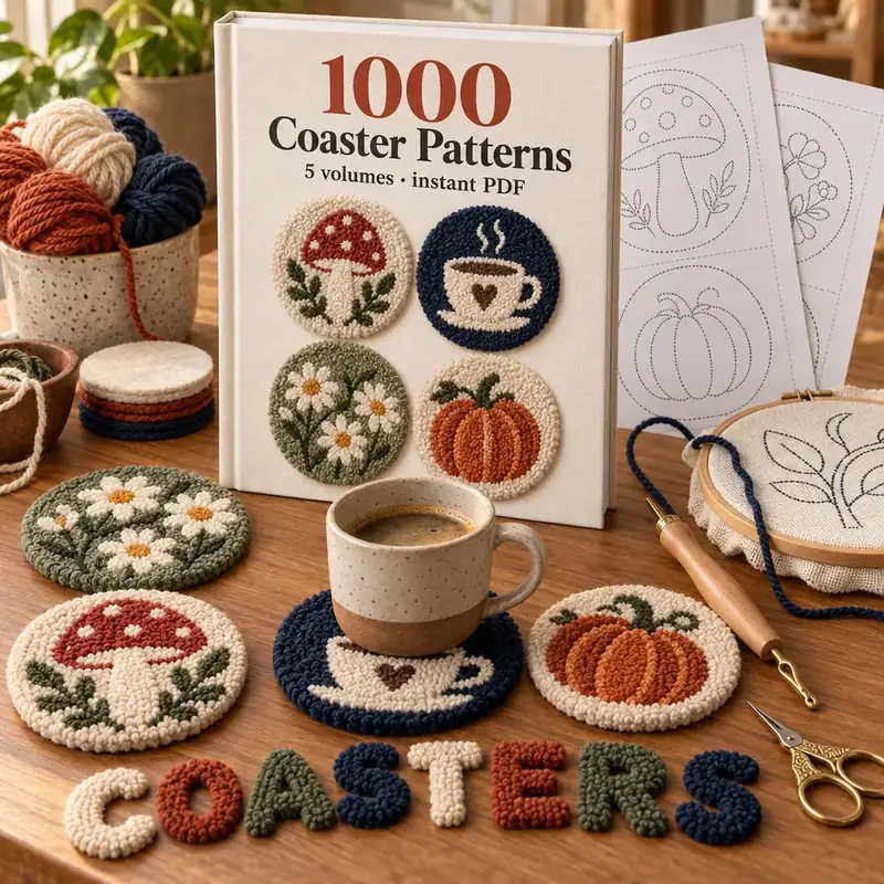 1000 Coaster Patterns: five volumes of punch-needle outlines plus starter and finishing guides